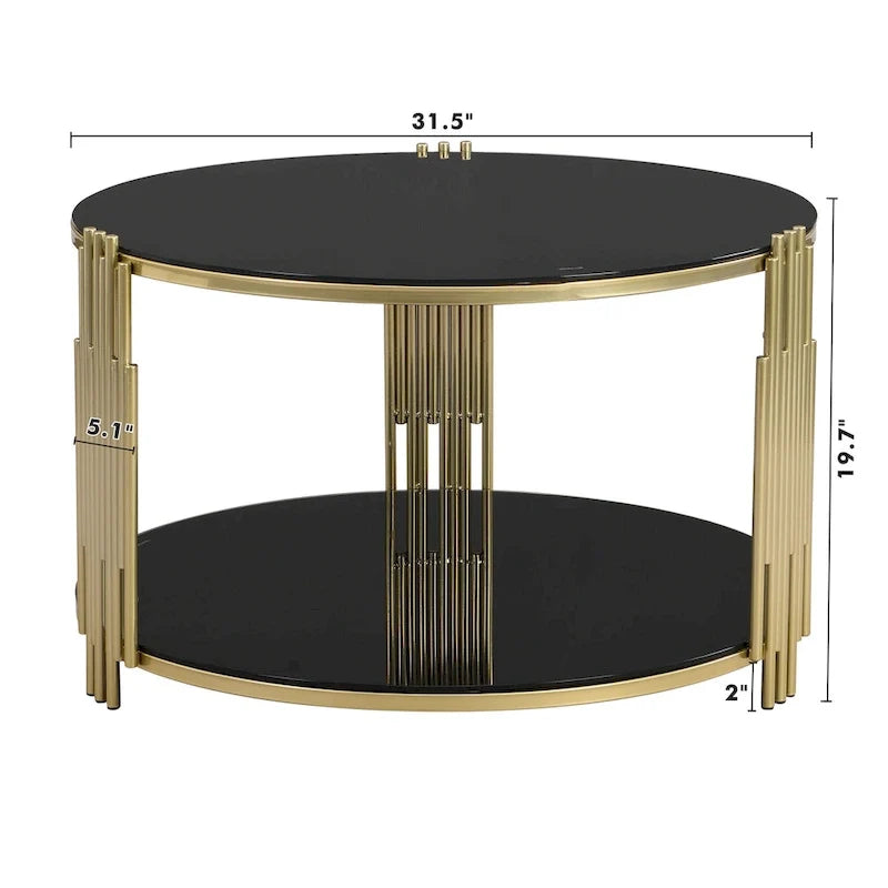 31.5 Tempered Glass Coffee Table with Asymmetrical Metal Design and Lower Shelf