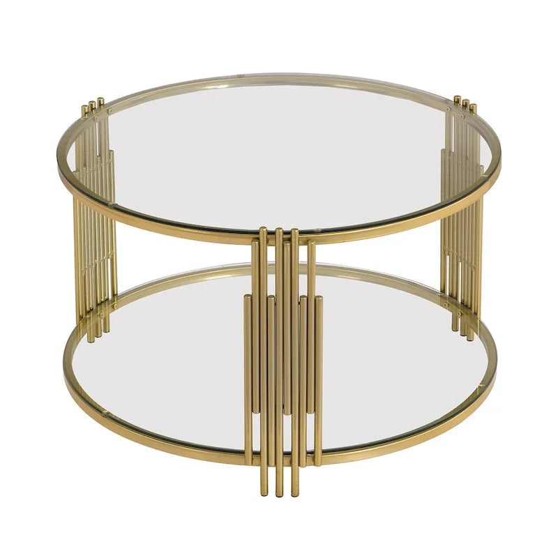 31.5 Tempered Glass Coffee Table with Asymmetrical Metal Design and Lower Shelf