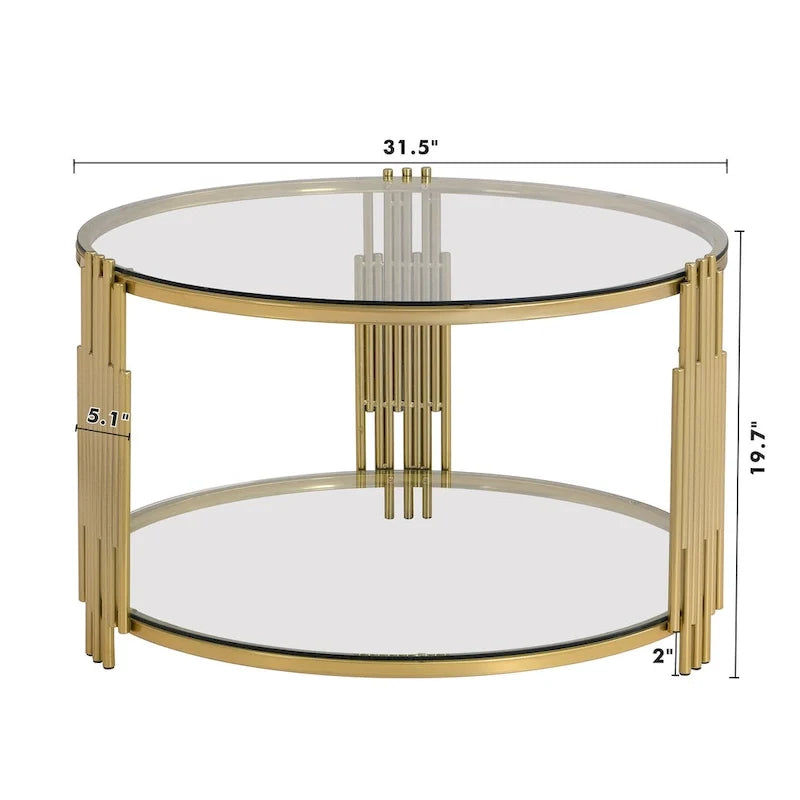 31.5 Tempered Glass Coffee Table with Asymmetrical Metal Design and Lower Shelf