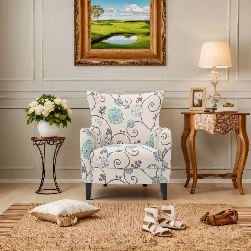 Sillón tapizado moderno retro con respaldo alto de 30.25 y patas de madera, para sala de estar