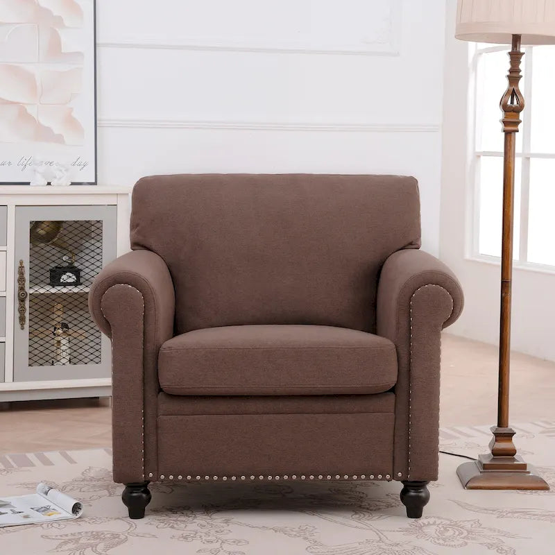 Brauner moderner Polster-Sessel mit einer Breite von 37.4, Massivholzgestell und Ziernägeln fürs Wohnzimmer