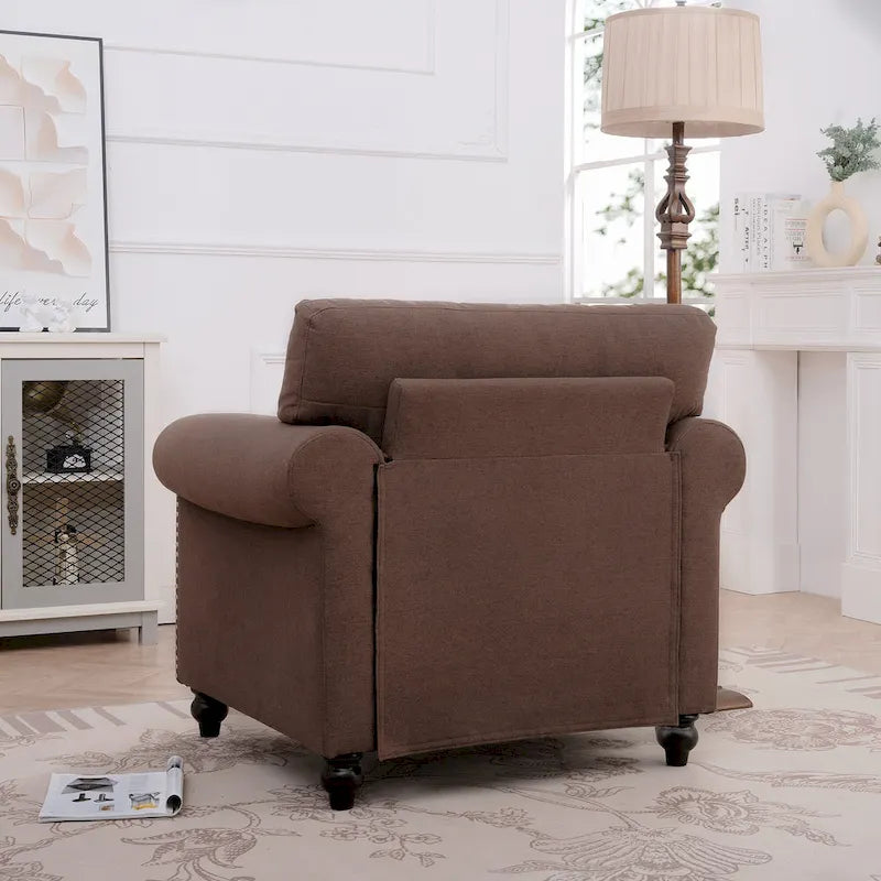 Sillón decorativo moderno marrón de 37.4, tapizado, con estructura de madera maciza y tachuelas, para sala de estar