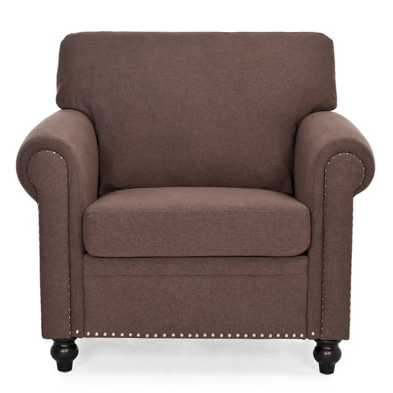 Sillón decorativo moderno marrón de 37.4, tapizado, con estructura de madera maciza y tachuelas, para sala de estar