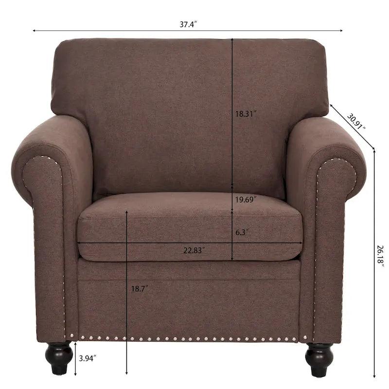 Brauner moderner Polster-Sessel mit einer Breite von 37.4, Massivholzgestell und Ziernägeln fürs Wohnzimmer