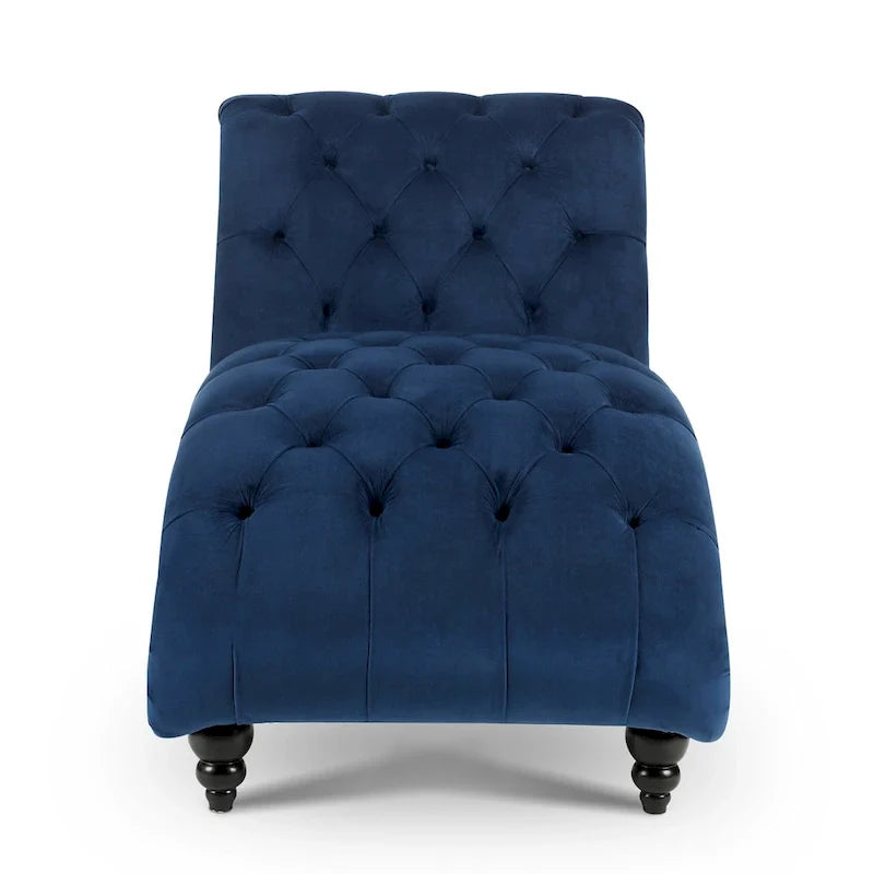 Chaise longue bleue de 27.17 avec capitonnage à boutons et clous décoratifs