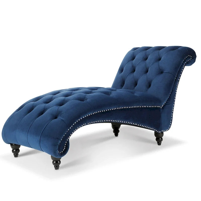Chaise longue bleue de 27.17 avec capitonnage à boutons et clous décoratifs