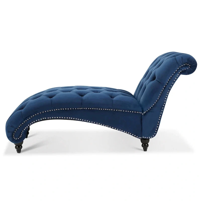 Chaise longue bleue de 27.17 avec capitonnage à boutons et clous décoratifs