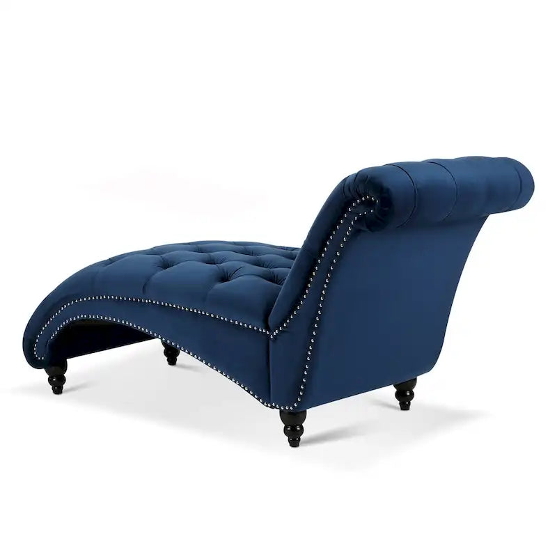 Chaise longue bleue de 27.17 avec capitonnage à boutons et clous décoratifs