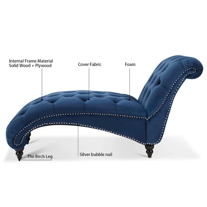 Chaise longue bleue de 27.17 avec capitonnage à boutons et clous décoratifs