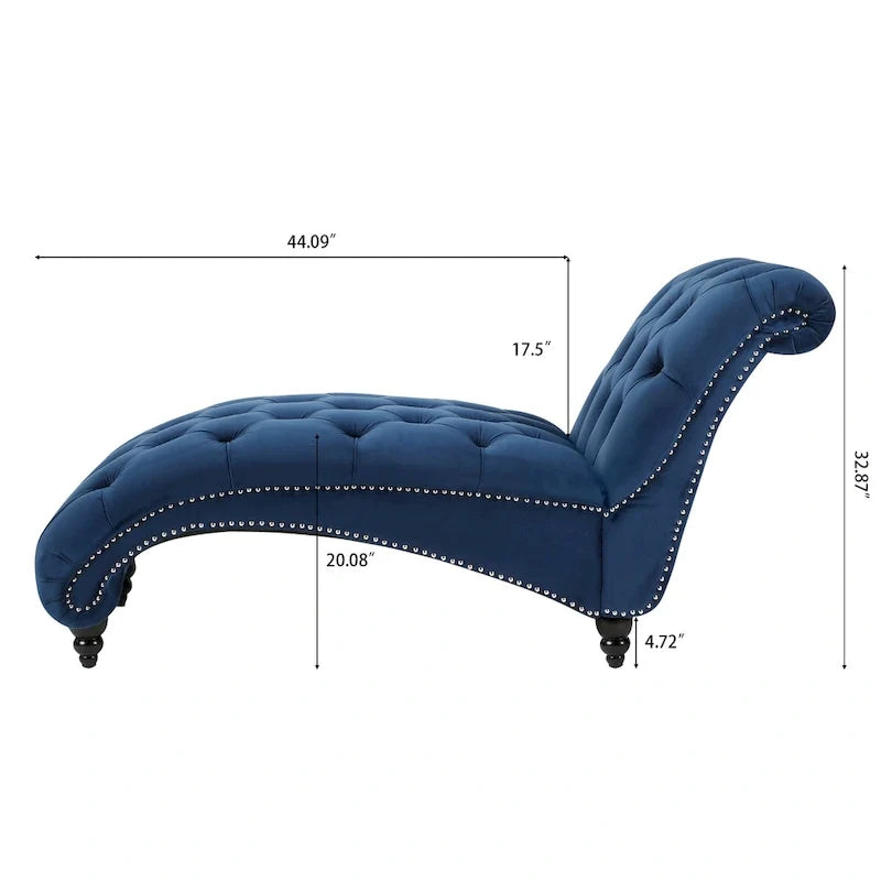 Chaise longue bleue de 27.17 avec capitonnage à boutons et clous décoratifs