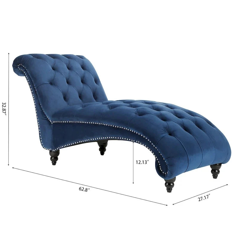 Chaise longue bleue de 27.17 avec capitonnage à boutons et clous décoratifs