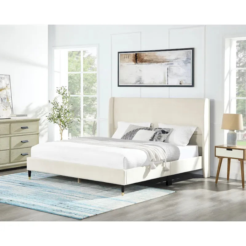 Beige Style Platform Bed with Wingback Velvet Headboard
