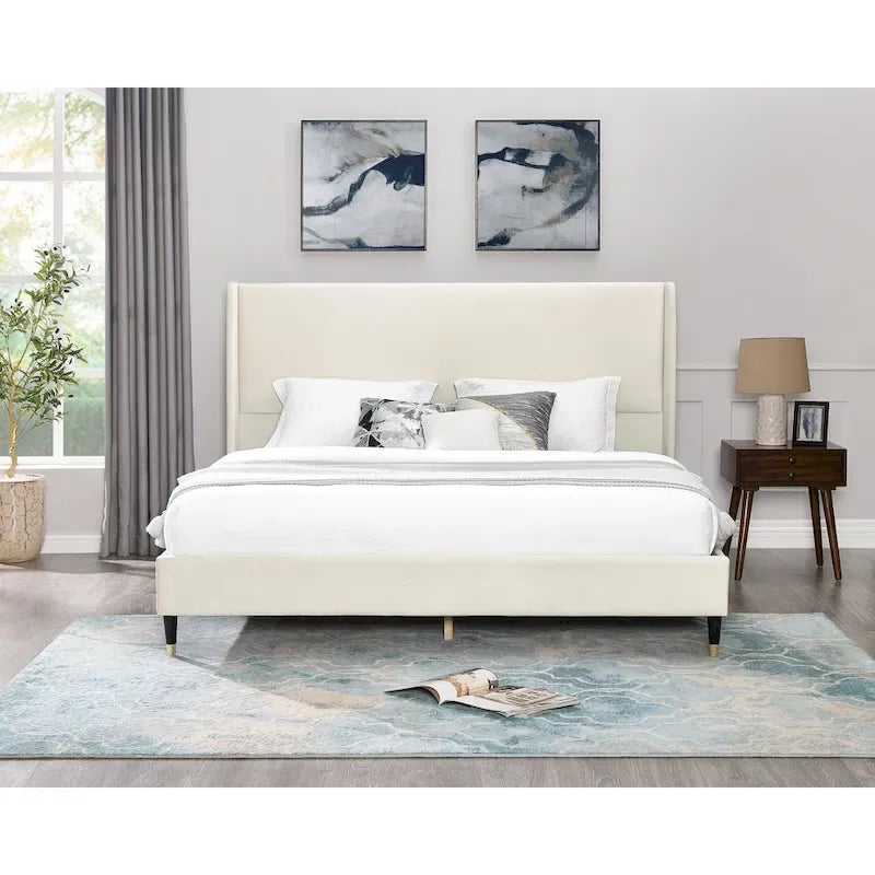 Beige Style Platform Bed with Wingback Velvet Headboard