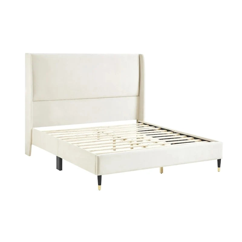 Beige Style Platform Bed with Wingback Velvet Headboard