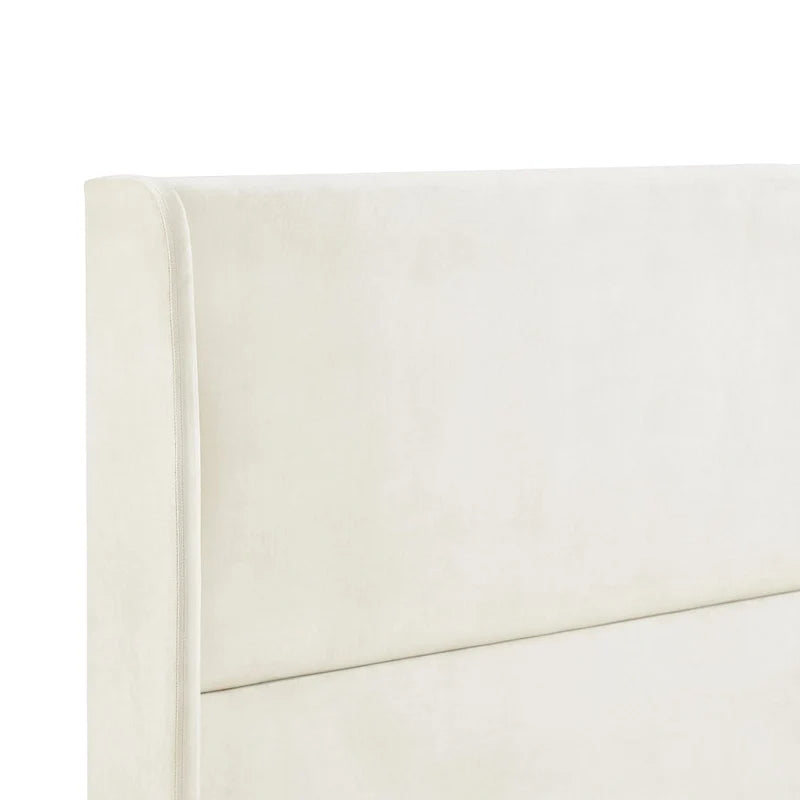 Beige Style Platform Bed with Wingback Velvet Headboard
