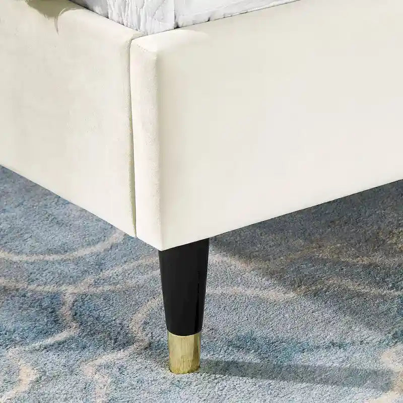 Beige Style Platform Bed with Wingback Velvet Headboard
