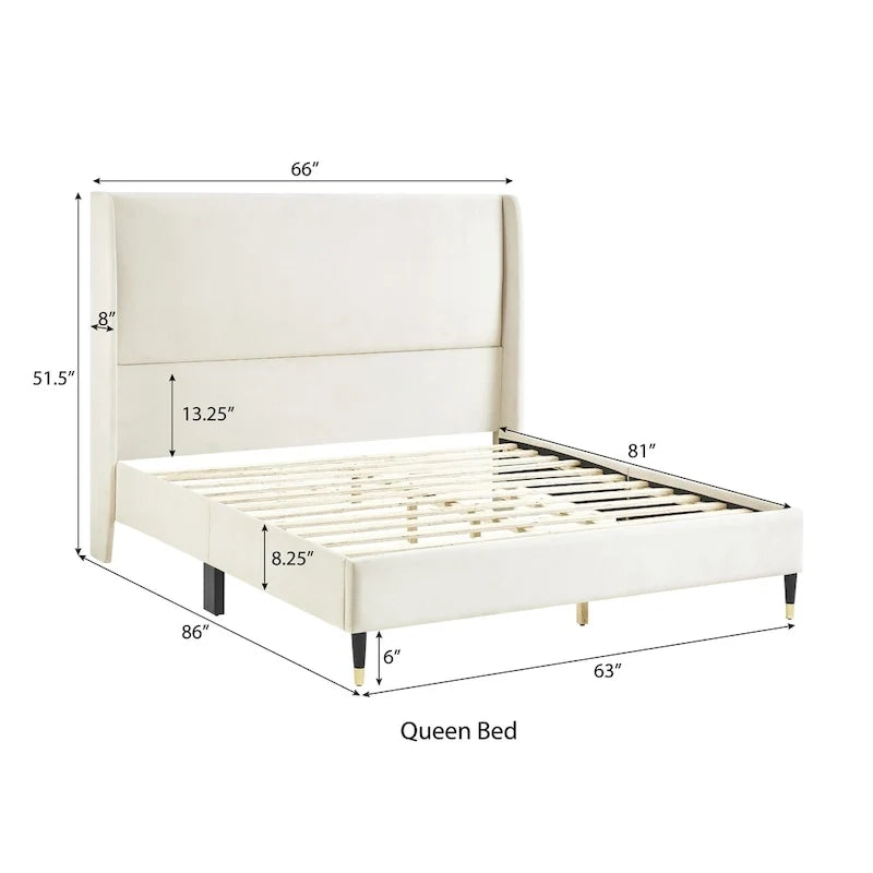 Beige Style Platform Bed with Wingback Velvet Headboard