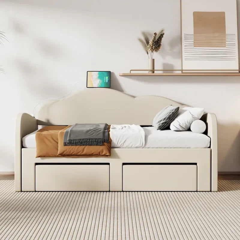 Twin-Daybed aus Cloud-Samt mit Ausziehbett, Schubladen und USB-Anschluss