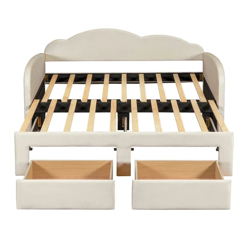 Twin-Daybed aus Cloud-Samt mit Ausziehbett, Schubladen und USB-Anschluss
