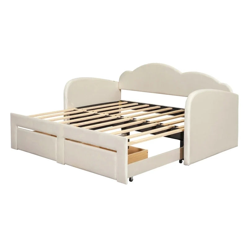 Twin-Daybed aus Cloud-Samt mit Ausziehbett, Schubladen und USB-Anschluss