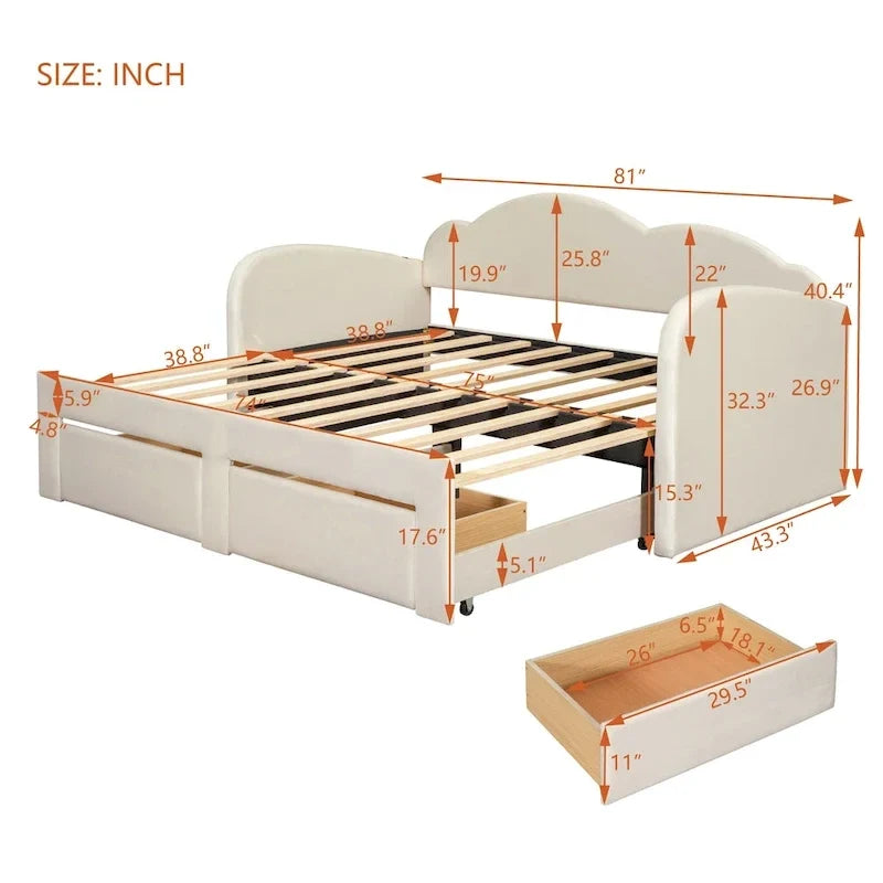 Twin-Daybed aus Cloud-Samt mit Ausziehbett, Schubladen und USB-Anschluss