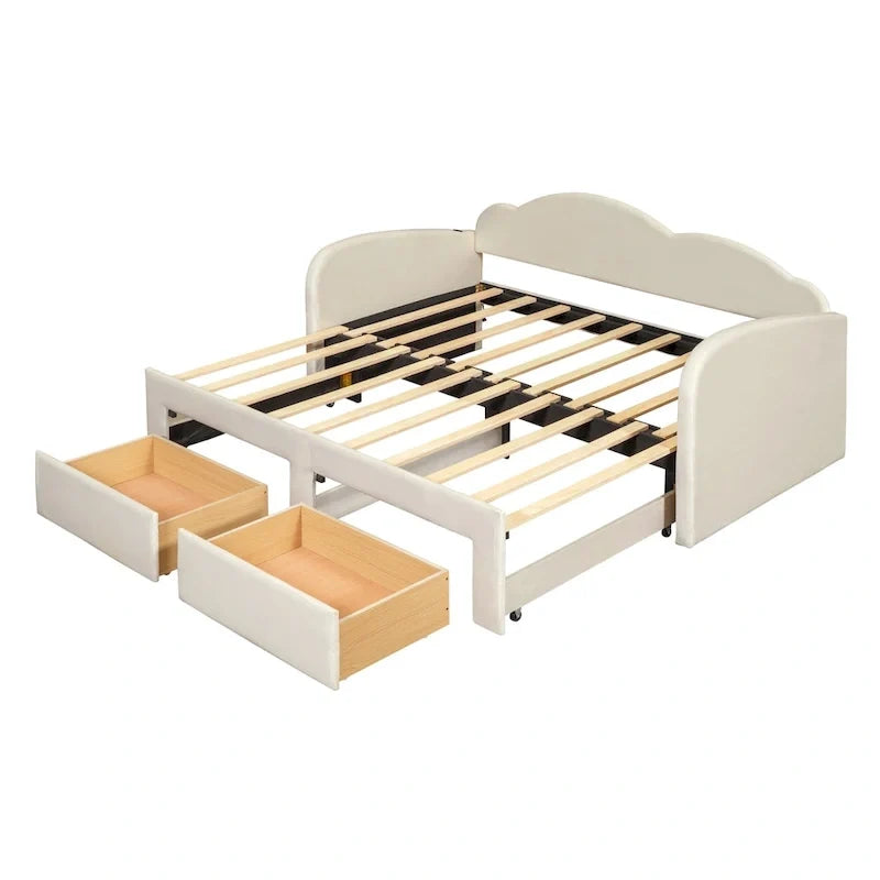 Twin-Daybed aus Cloud-Samt mit Ausziehbett, Schubladen und USB-Anschluss
