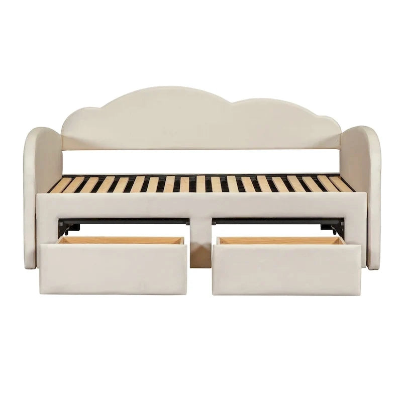 Twin-Daybed aus Cloud-Samt mit Ausziehbett, Schubladen und USB-Anschluss