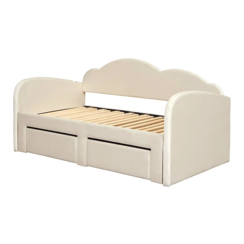 Twin-Daybed aus Cloud-Samt mit Ausziehbett, Schubladen und USB-Anschluss