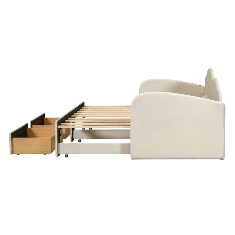 Twin-Daybed aus Cloud-Samt mit Ausziehbett, Schubladen und USB-Anschluss