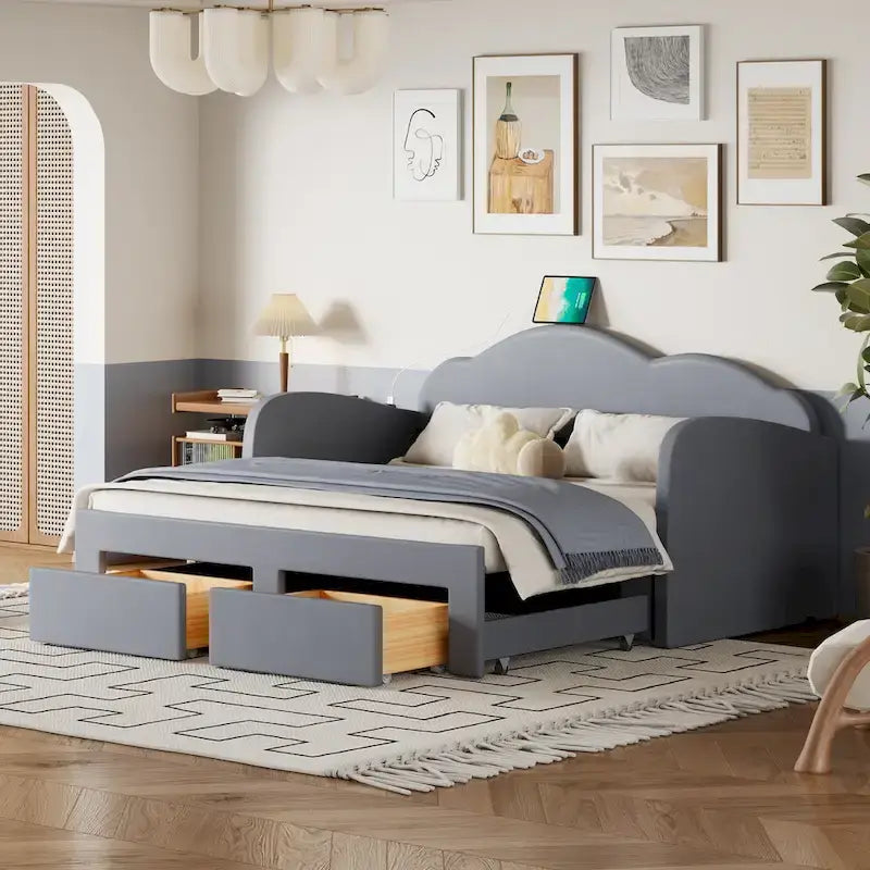 Twin-Daybed aus Cloud-Samt mit Ausziehbett, Schubladen und USB-Anschluss