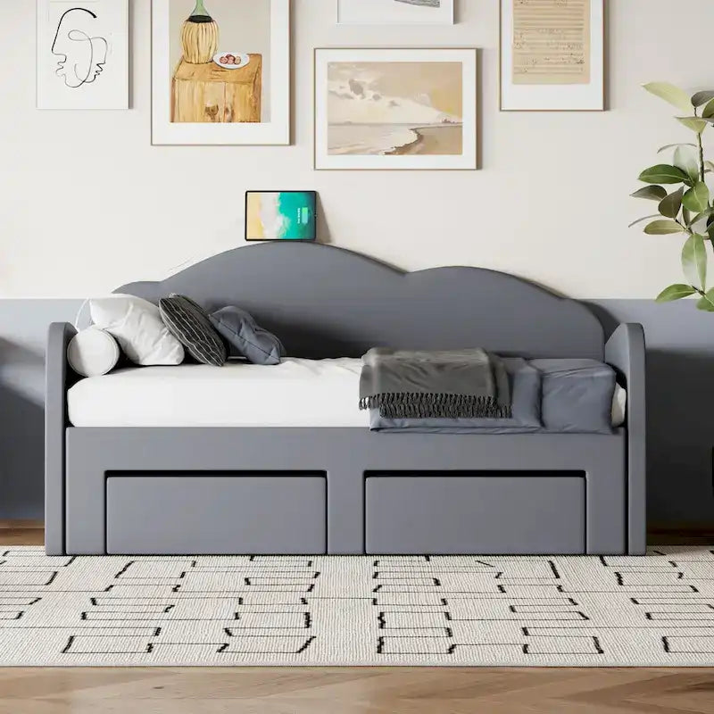 Twin-Daybed aus Cloud-Samt mit Ausziehbett, Schubladen und USB-Anschluss