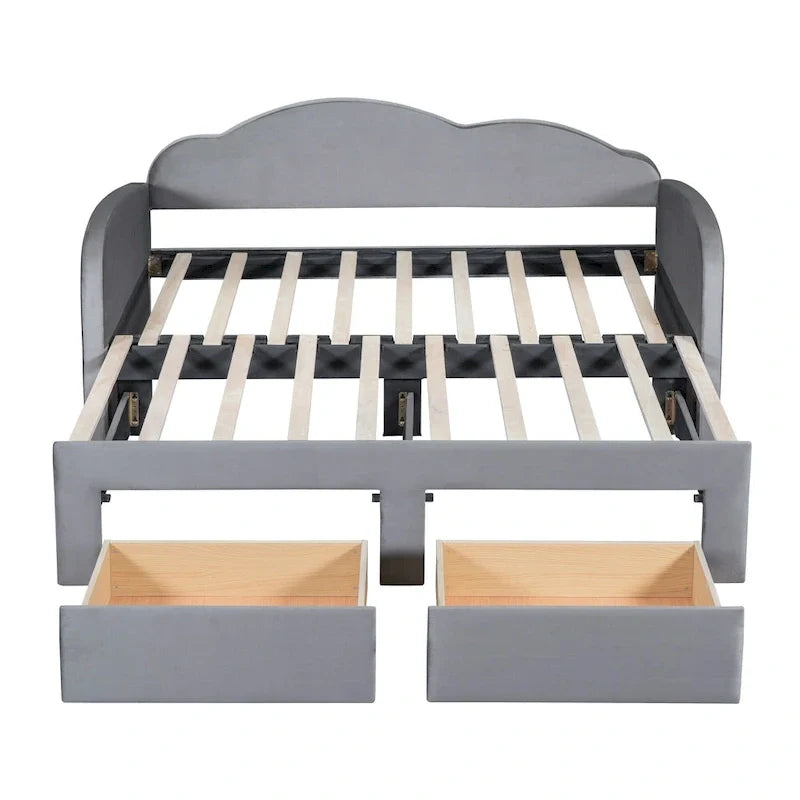 Twin-Daybed aus Cloud-Samt mit Ausziehbett, Schubladen und USB-Anschluss