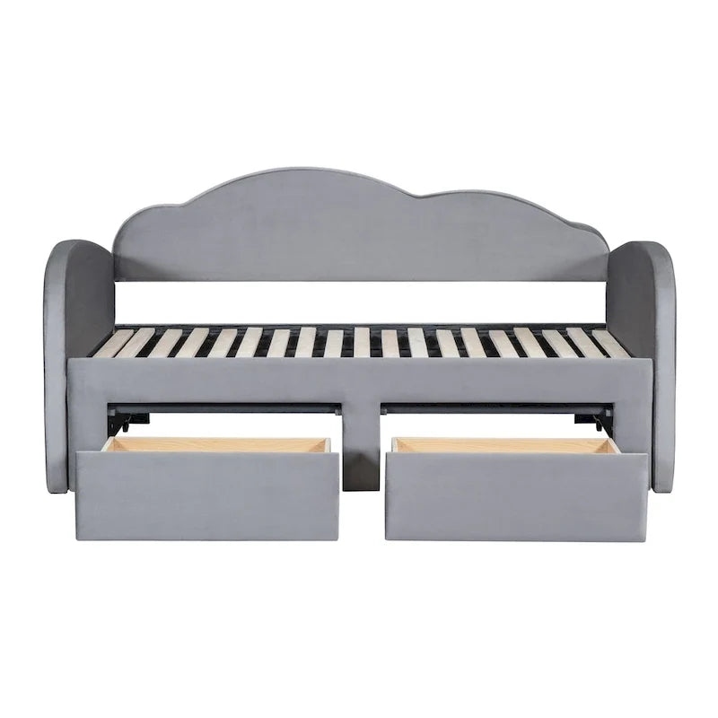 Twin-Daybed aus Cloud-Samt mit Ausziehbett, Schubladen und USB-Anschluss