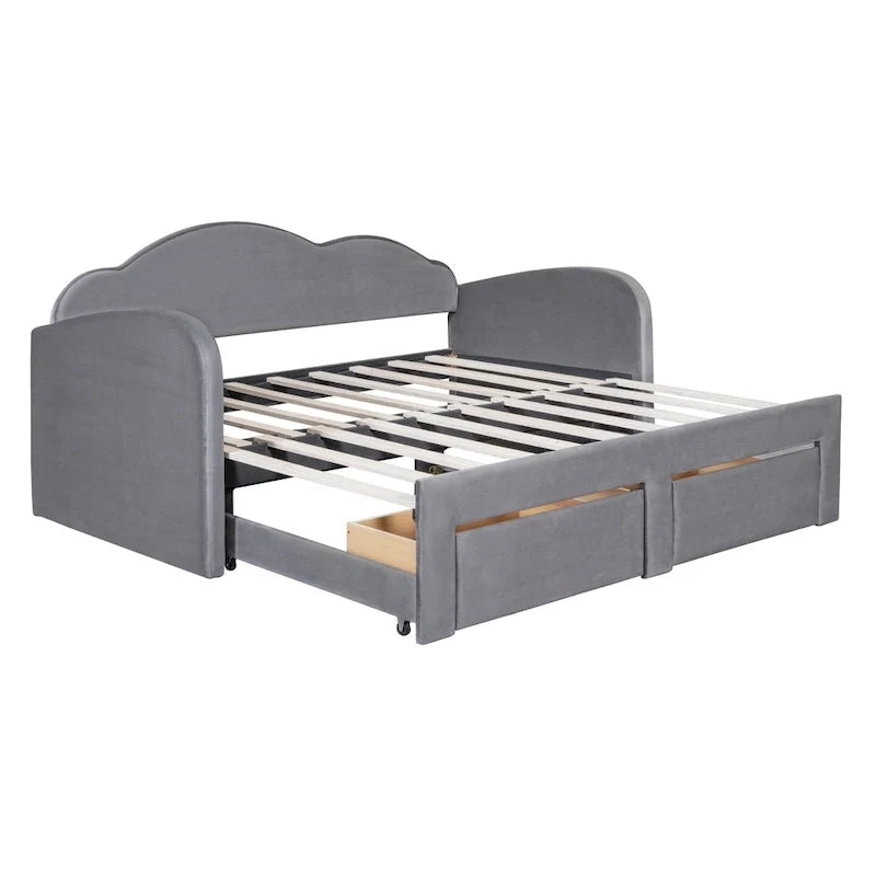 Twin-Daybed aus Cloud-Samt mit Ausziehbett, Schubladen und USB-Anschluss