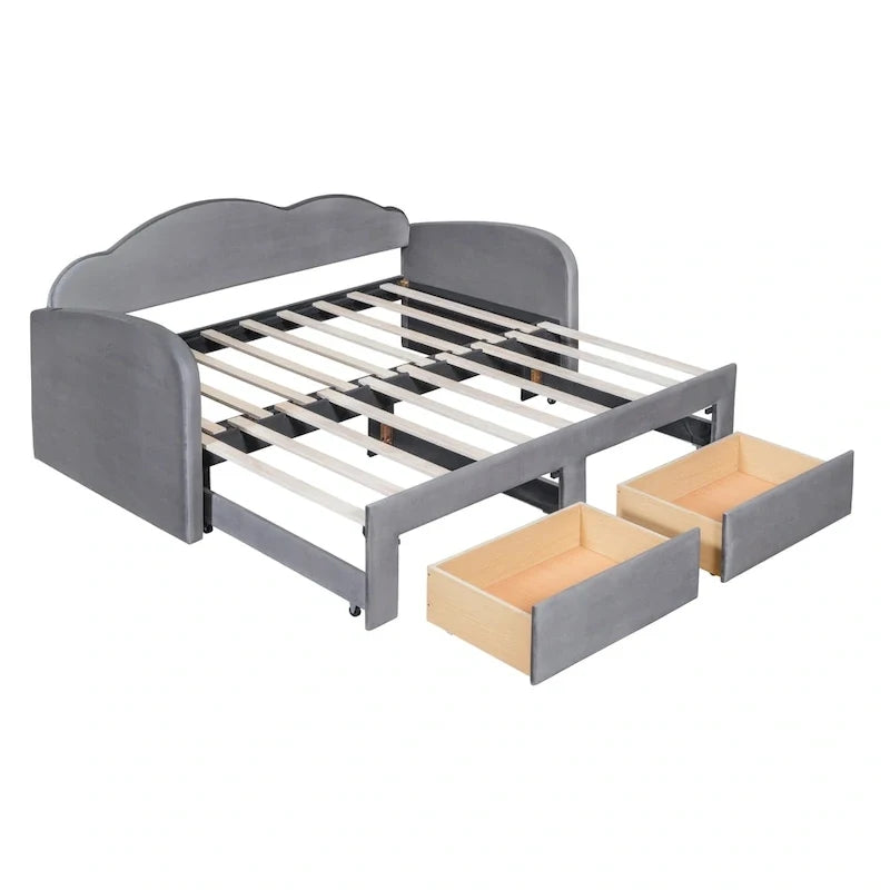 Twin-Daybed aus Cloud-Samt mit Ausziehbett, Schubladen und USB-Anschluss