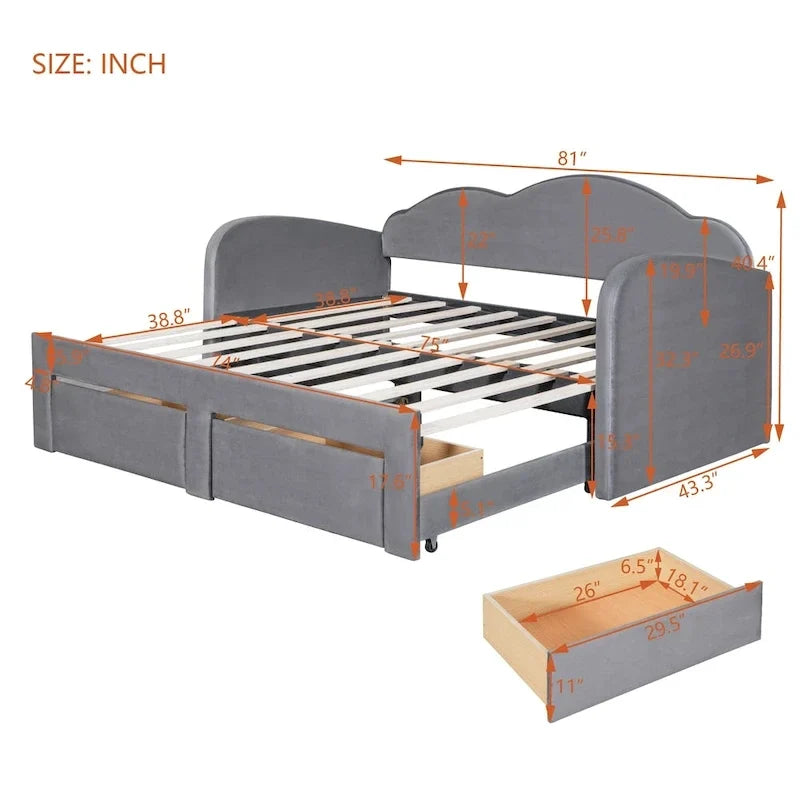 Twin-Daybed aus Cloud-Samt mit Ausziehbett, Schubladen und USB-Anschluss