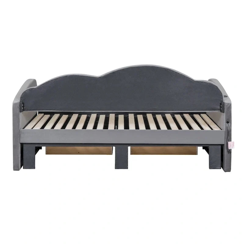Twin-Daybed aus Cloud-Samt mit Ausziehbett, Schubladen und USB-Anschluss