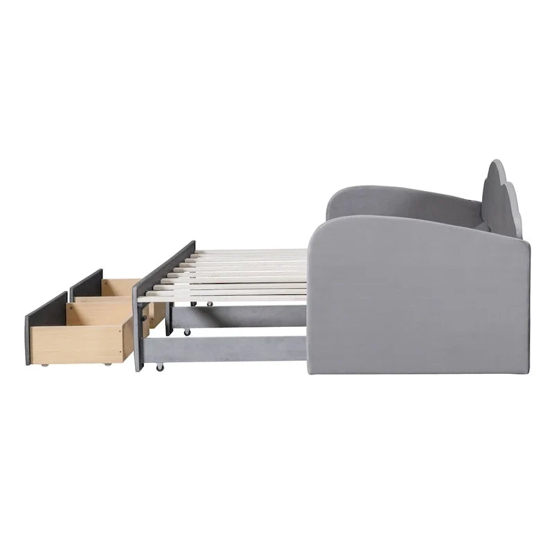 Twin-Daybed aus Cloud-Samt mit Ausziehbett, Schubladen und USB-Anschluss