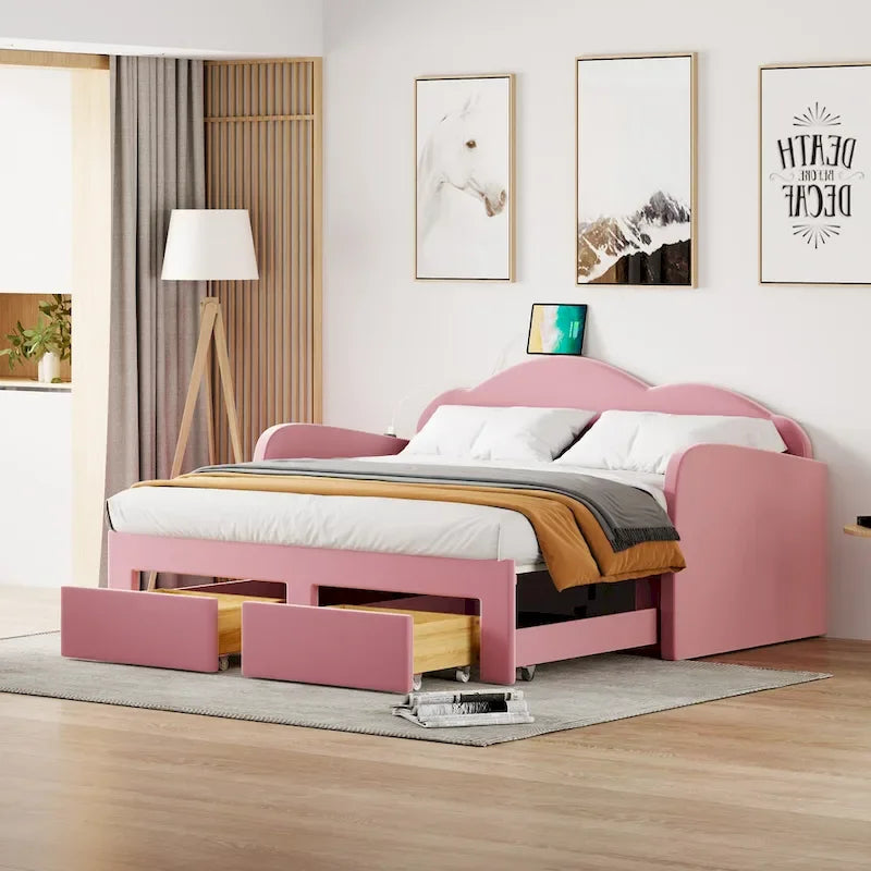 Twin-Daybed aus Cloud-Samt mit Ausziehbett, Schubladen und USB-Anschluss
