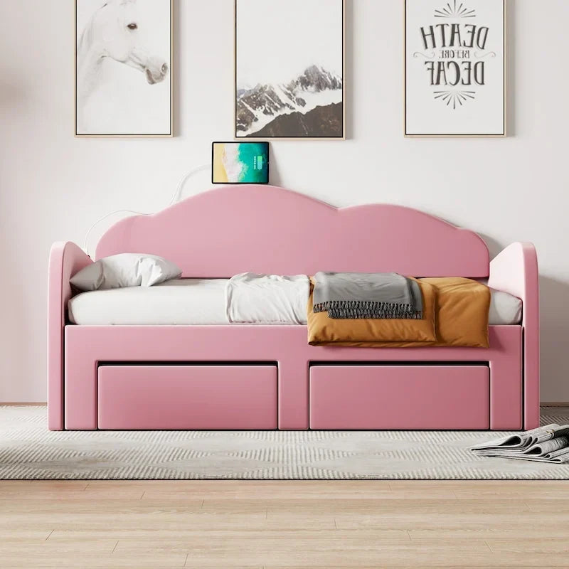 Twin-Daybed aus Cloud-Samt mit Ausziehbett, Schubladen und USB-Anschluss