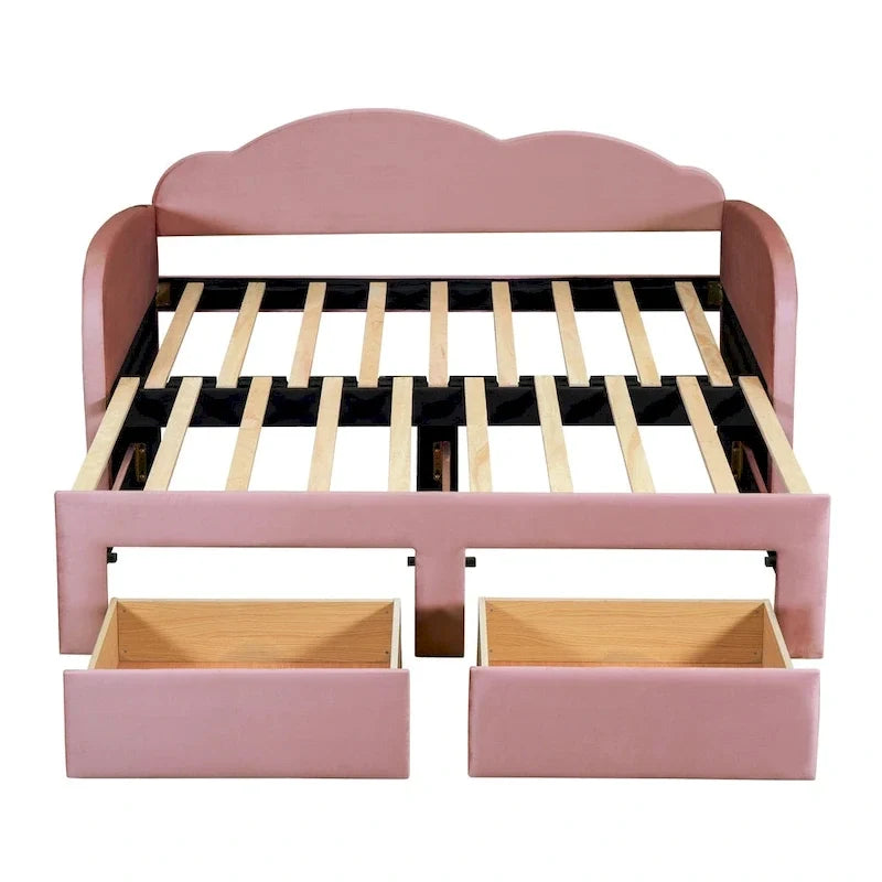 Twin-Daybed aus Cloud-Samt mit Ausziehbett, Schubladen und USB-Anschluss