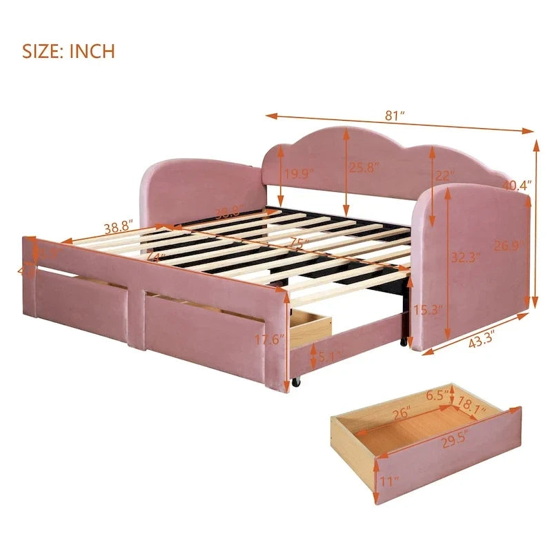 Twin-Daybed aus Cloud-Samt mit Ausziehbett, Schubladen und USB-Anschluss