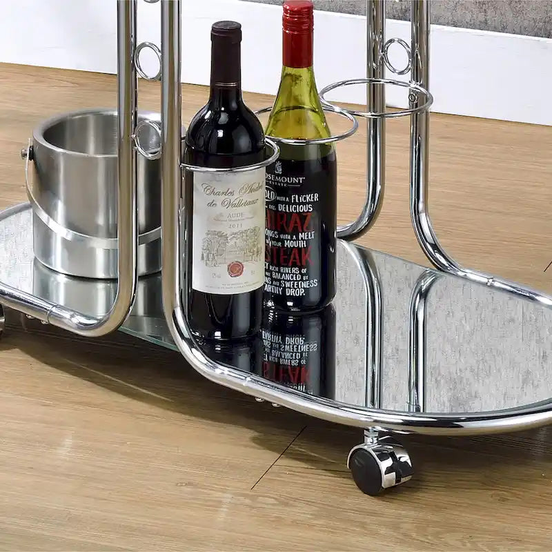 Desserte moderne en chrome avec plateau en verre et roulettes