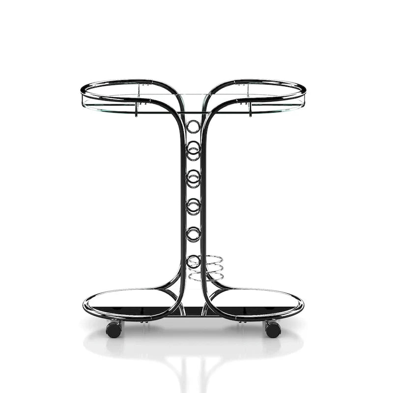 Desserte moderne en chrome avec plateau en verre et roulettes