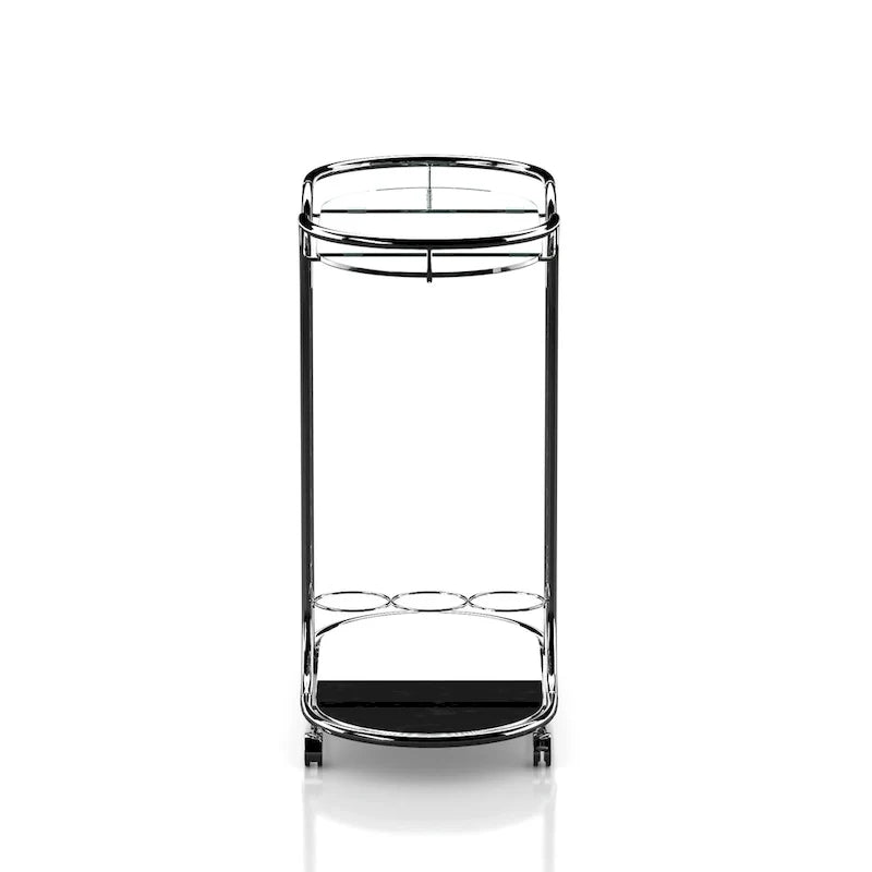 Desserte moderne en chrome avec plateau en verre et roulettes