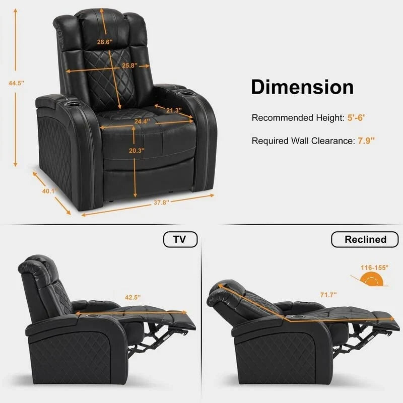 Elektrischer Relaxsessel mit verstellbarer Kopfstütze, Heimkino-Sitz mit zwei Motoren und USB-Anschluss, atmungsaktives Leder