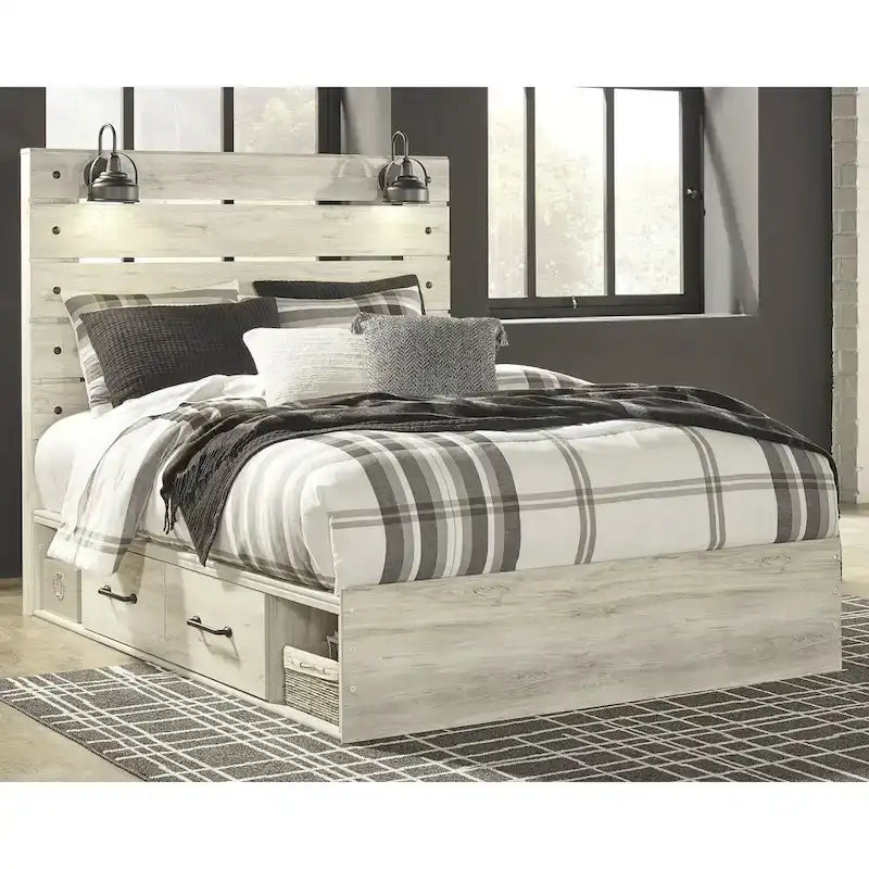Whitewash Panel Bed With 2 Under Bed Storage Drawers