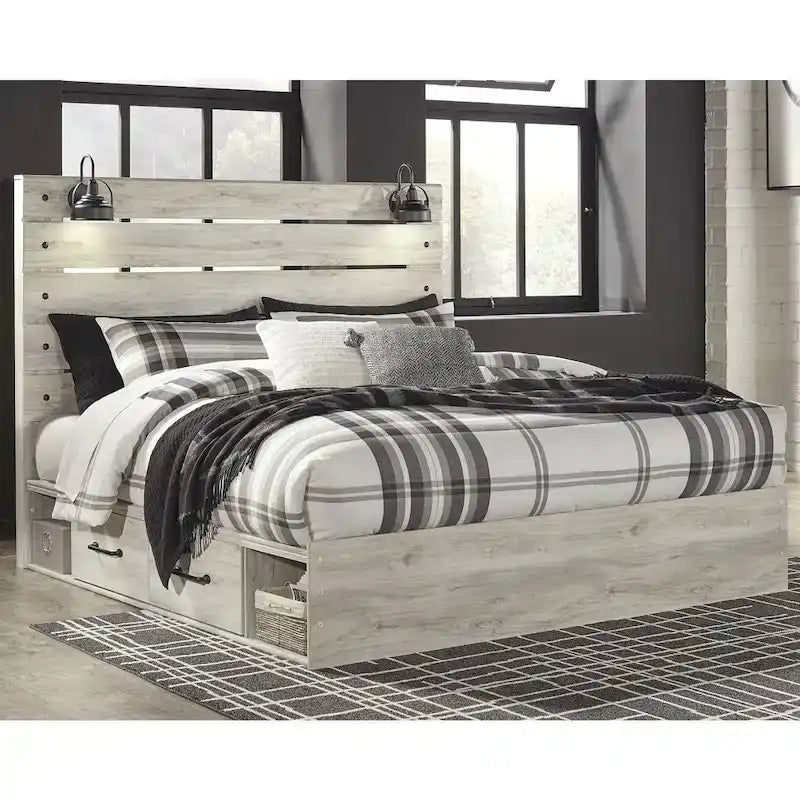 Bett mit Paneelen in weißer Lasur und zwei Unterbett-Aufbewahrungsschubladen