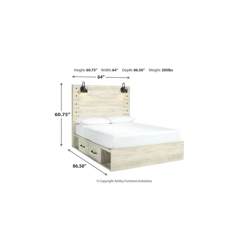 Bett mit Paneelen in weißer Lasur und zwei Unterbett-Aufbewahrungsschubladen