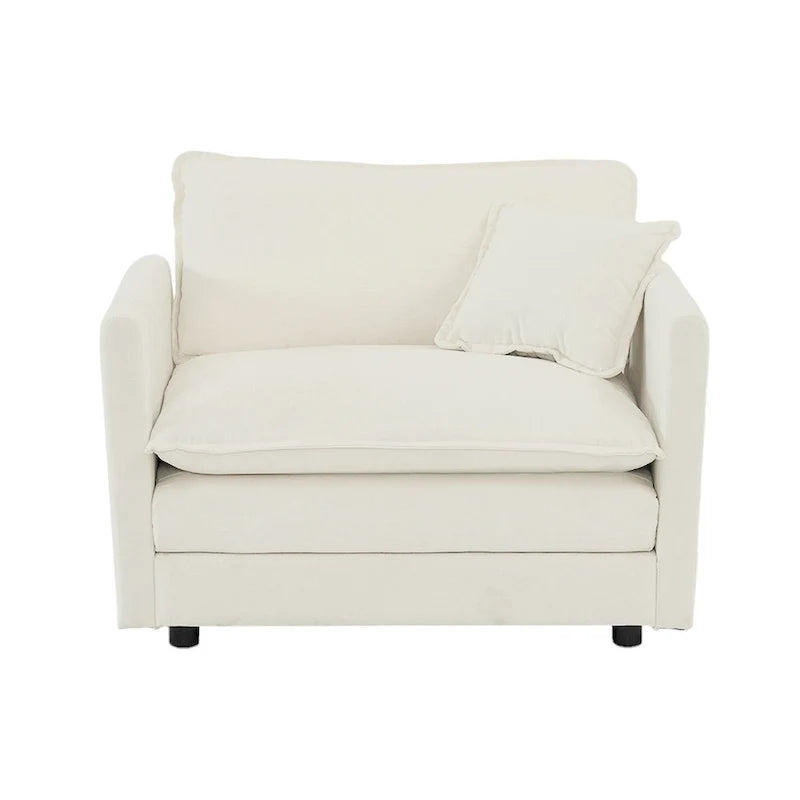 Bequemes tiefes Einsitzer-Sofa, gepolsterter Lesesessel fürs Wohnzimmer, weißer Chenille-Stoff, 1 Zierkissen